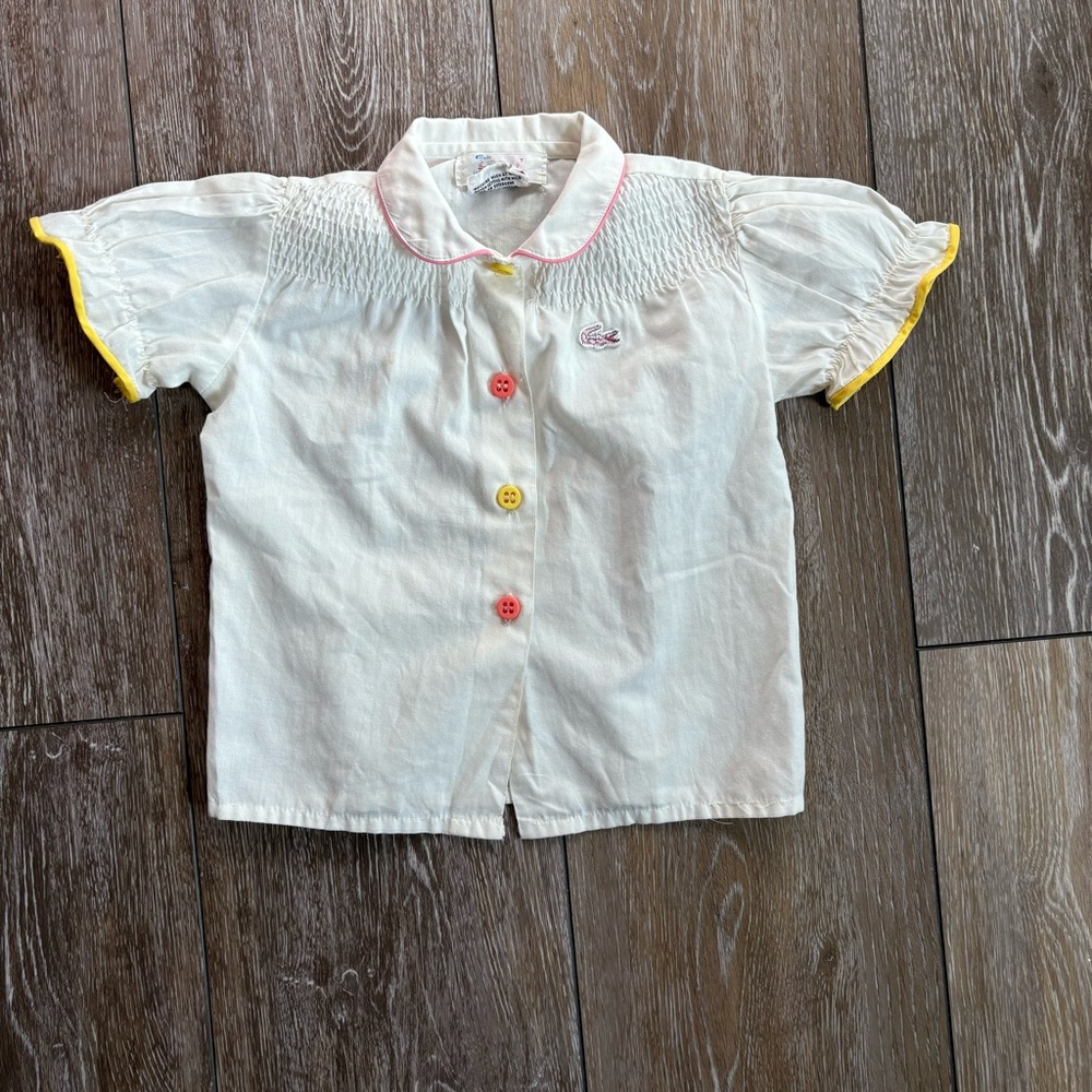 Vintage 80s Lacoste Toddler Blouse 24M Hong Kong Pink Trim Crocodile